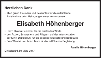 Traueranzeige von Elisabeth Höhenberg von Dinkelsbühl/ Feuchtwangen