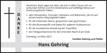 Traueranzeige von Hans Gehring von Ansbach