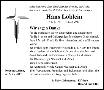 Traueranzeige von Hans Löblein von Neustadt/ Scheinfeld/ Uffenheim