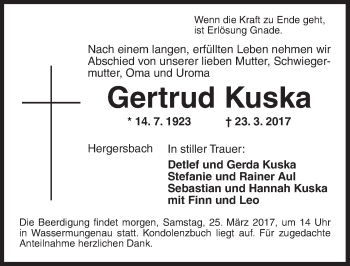 Traueranzeige von Gertrud Kuska von Ansbach