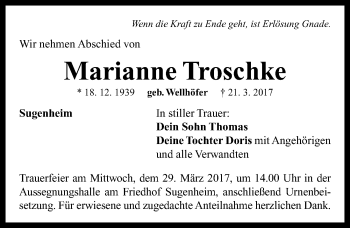 Traueranzeige von Marianne Troschke von Neustadt/ Scheinfeld/ Uffenheim