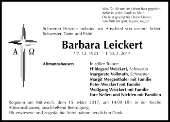 Traueranzeige von Barbara Leickert von Neustadt/ Scheinfeld/ Uffenheim