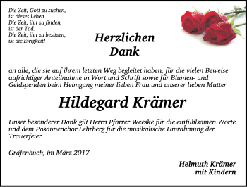 Traueranzeige von Hildegard Krämer von Ansbach