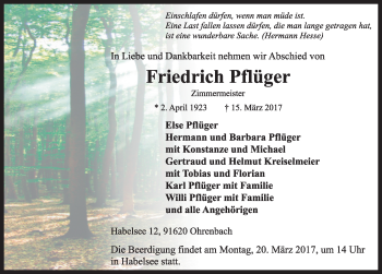 Traueranzeige von Friedrich Pflüger von Rothenburg