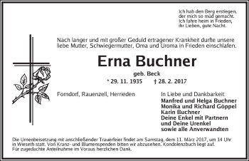 Traueranzeige von Erna Buchner von Ansbach