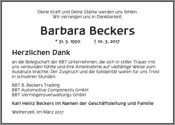 Traueranzeige von Barbara Beckers von Ansbach