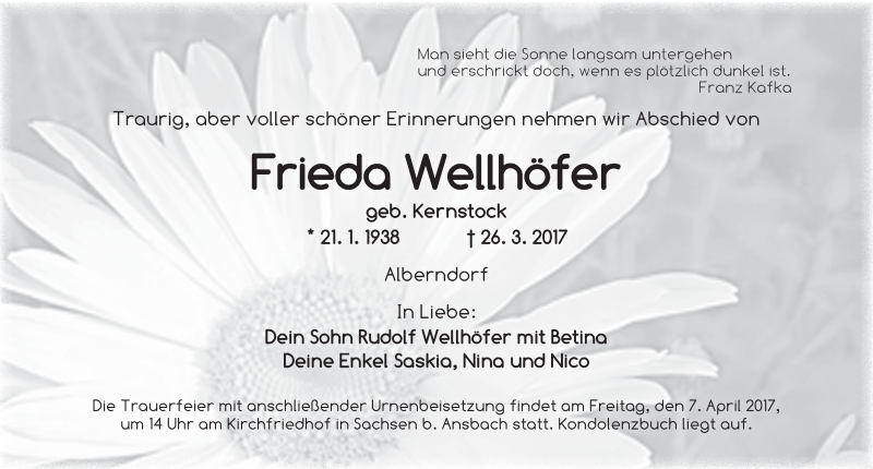  Traueranzeige für Frieda Wellhöfer vom 29.03.2017 aus Ansbach