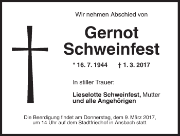 Traueranzeige von Gernot Schweinfest von Ansbach