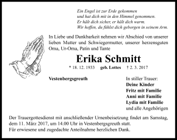 Traueranzeige von Erika Schmitt von Neustadt/ Scheinfeld/ Uffenheim