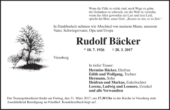 Traueranzeige von Rudolf Bäcker von Ansbach