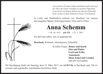 Traueranzeige von Anna Schemm von Neustadt/ Scheinfeld/ Uffenheim