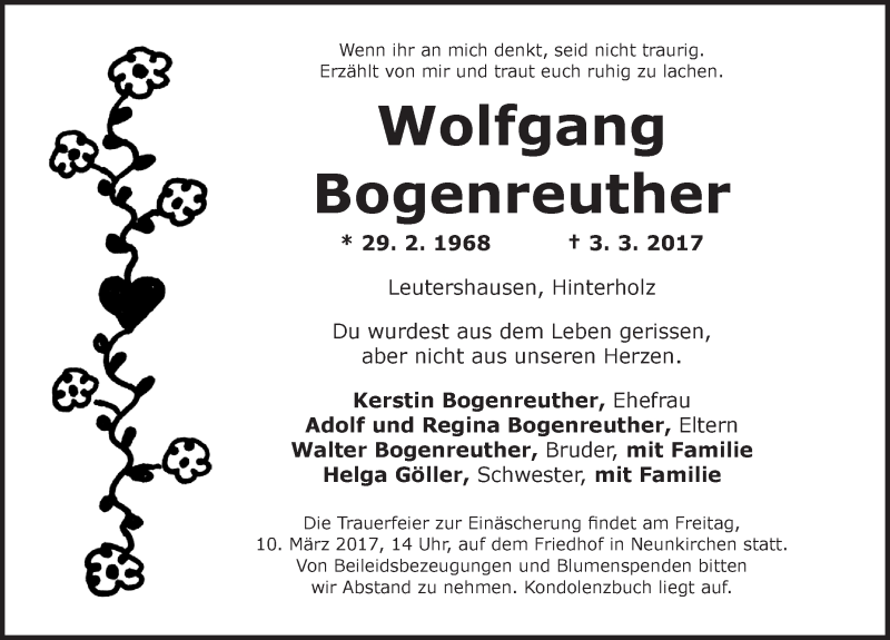  Traueranzeige für Wolfgang Bogenreuther vom 08.03.2017 aus Ansbach