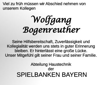 Traueranzeige von Wolfgang Bogenreuther von Dinkelsbühl/ Feuchtwangen