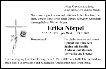 Traueranzeige von Erika Nörpel von Neustadt/ Scheinfeld/ Uffenheim