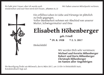 Traueranzeige von Elisabeth Höhenberger von Dinkelsbühl/ Feuchtwangen