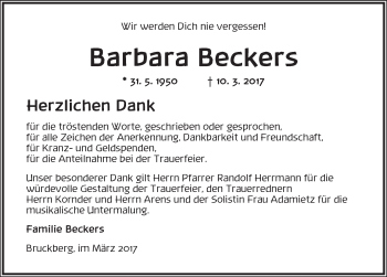 Traueranzeige von Barbara Beckers von Ansbach