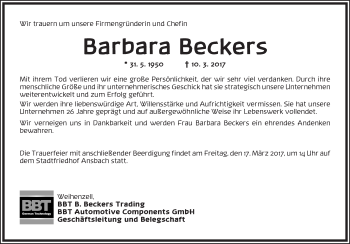 Traueranzeige von Barbara Beckers von Ansbach