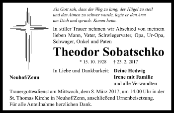 Traueranzeige von Theodor Sobatschko von Neustadt/ Scheinfeld/ Uffenheim