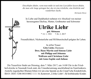 Traueranzeige von Ulrike Liehr von Neustadt/ Scheinfeld/ Uffenheim