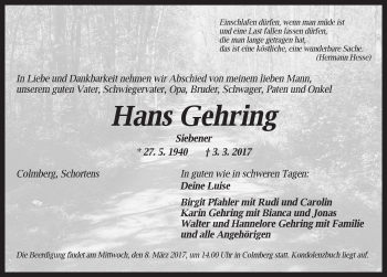 Traueranzeige von Hans Gehring von Ansbach