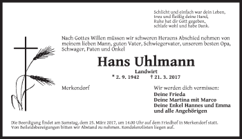 Traueranzeige von Hans Uhlmann von Ansbach