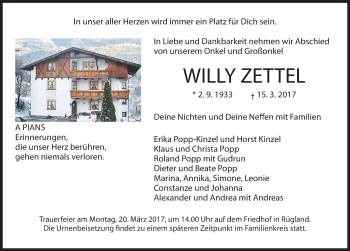 Traueranzeige von Willy Zettel von Ansbach