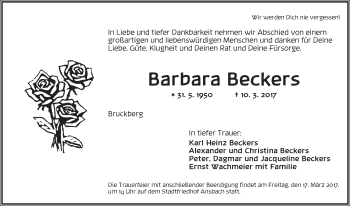 Traueranzeige von Barbara Beckers von Ansbach