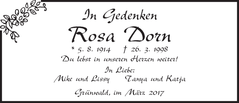  Traueranzeige für Rosa Dorn vom 25.03.2017 aus Ansbach