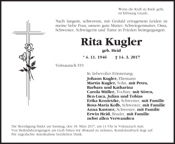 Traueranzeige von Rita Kugler von Ansbach