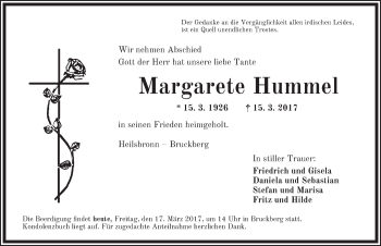 Traueranzeige von Margarete Hummel von Ansbach