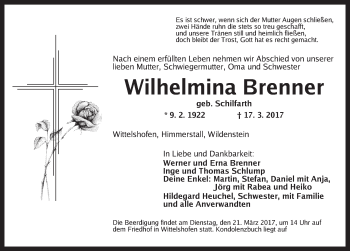 Traueranzeige von Wilhelmina Brenner von Dinkelsbühl/ Feuchtwangen