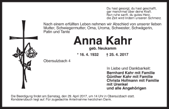 Traueranzeige von Anna Kahr von Ansbach