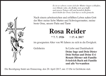 Traueranzeige von Rosa Reider von Dinkelsbühl/ Feuchtwangen