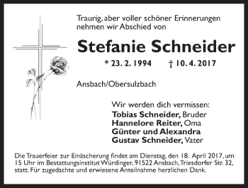 Traueranzeige von Stefanie Schneider von Ansbach