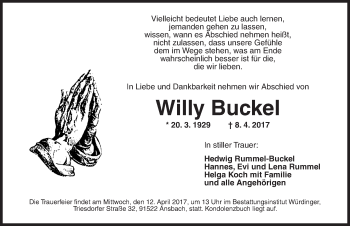 Traueranzeige von Willy Buckel von Ansbach