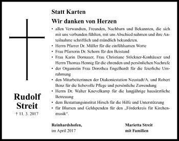 Traueranzeige von Rudolf Streit von Neustadt/ Scheinfeld/ Uffenheim