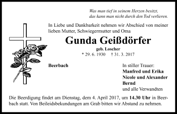 Traueranzeige von Gunda Geißdörfer von Neustadt/ Scheinfeld/ Uffenheim