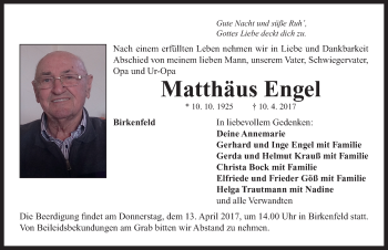 Traueranzeige von Matthäus Engel von Neustadt/ Scheinfeld/ Uffenheim