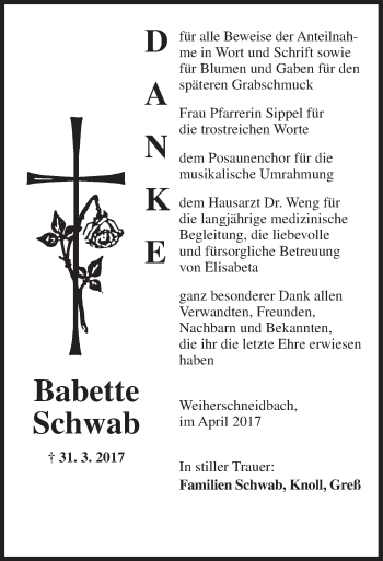 Traueranzeige von Babette Schwab von Ansbach