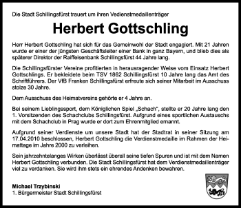 Traueranzeige von Herbert Gottschling von Rothenburg