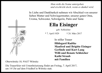 Traueranzeige von Ella Eisinger von Rothenburg