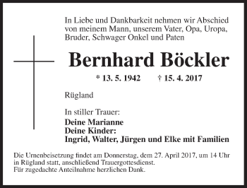 Traueranzeige von Bernhard Böckler von Ansbach