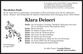 Traueranzeige von Klara Deinert von Dinkelsbühl/ Feuchtwangen
