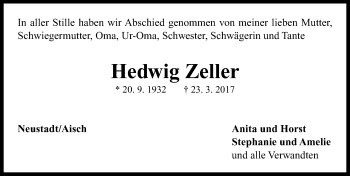 Traueranzeige von Hedwig Zeller von Neustadt/ Scheinfeld/ Uffenheim