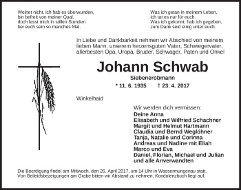 Traueranzeige von Johann Schwab von Ansbach