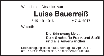 Traueranzeige von Luise Bauerreiß von Dinkelsbühl/ Feuchtwangen