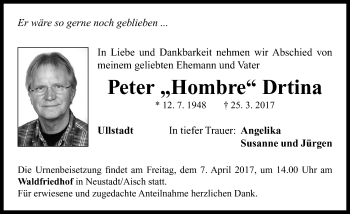 Traueranzeige von Peter Drtina von Neustadt/ Scheinfeld/ Uffenheim