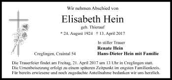 Traueranzeige von Elisabeth Hein von Fränkische Landeszeitung