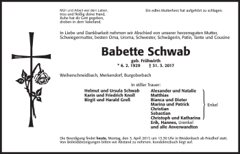 Traueranzeige von Babette Schwab von Ansbach