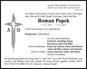 Traueranzeige von Roman Popek von Neustadt/ Scheinfeld/ Uffenheim